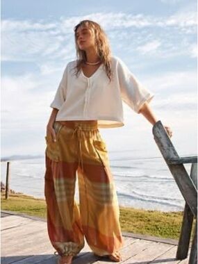 Free People Yellow Plaid Patchwork Bohemian Crafted Cargo Pants NWT